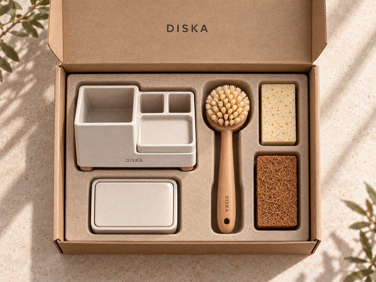 The Sink Set unboxed: the Stand, paste pot, Everyday brush and two sponges in a moulded pulp tray